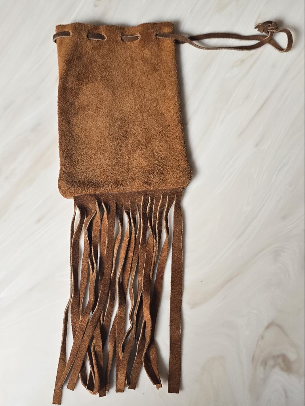 Suede Fringe Drawstring Pouch in Chestnut Brown